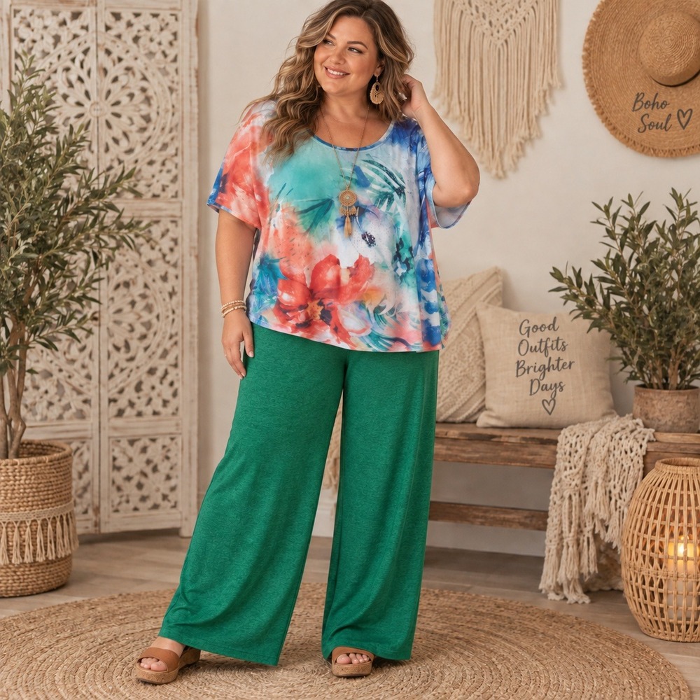 68. CJ Banks Floral Top & Daisy Green Wide Leg Pants Set Womens 2X Colorful